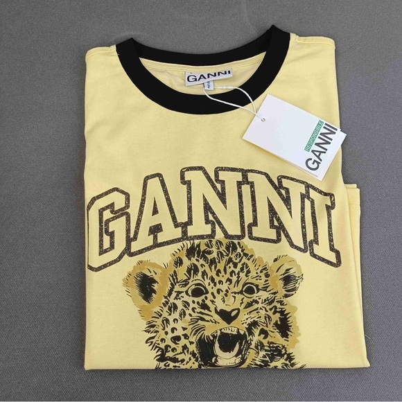 Ganni Tops - Ganni Yellow Tee with Black Trim and Leopard Graphic - Have a Nice Day